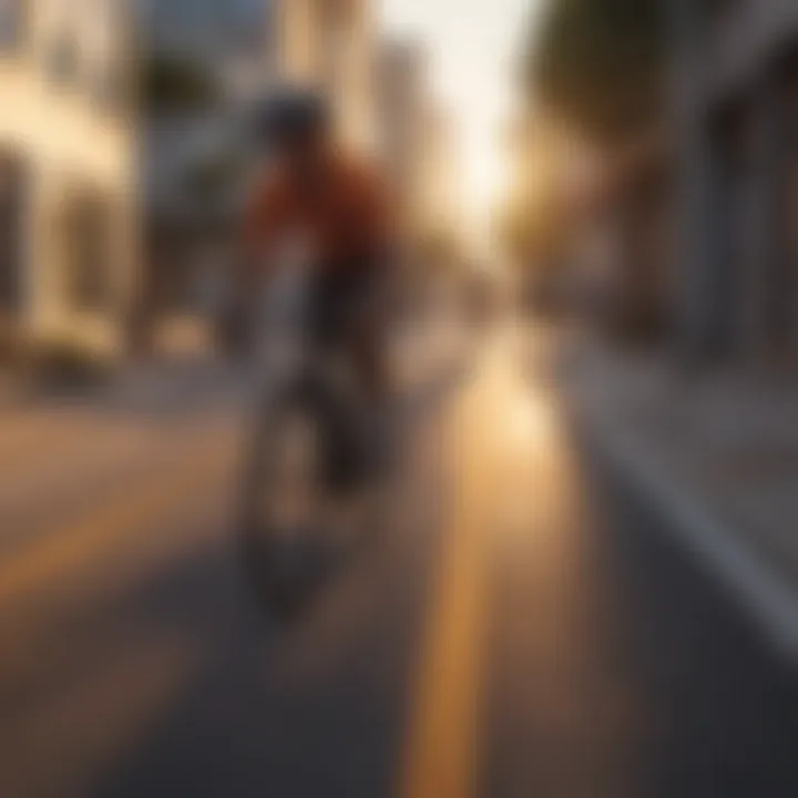 A sunset view of a cyclist riding through the streets of San Francisco.