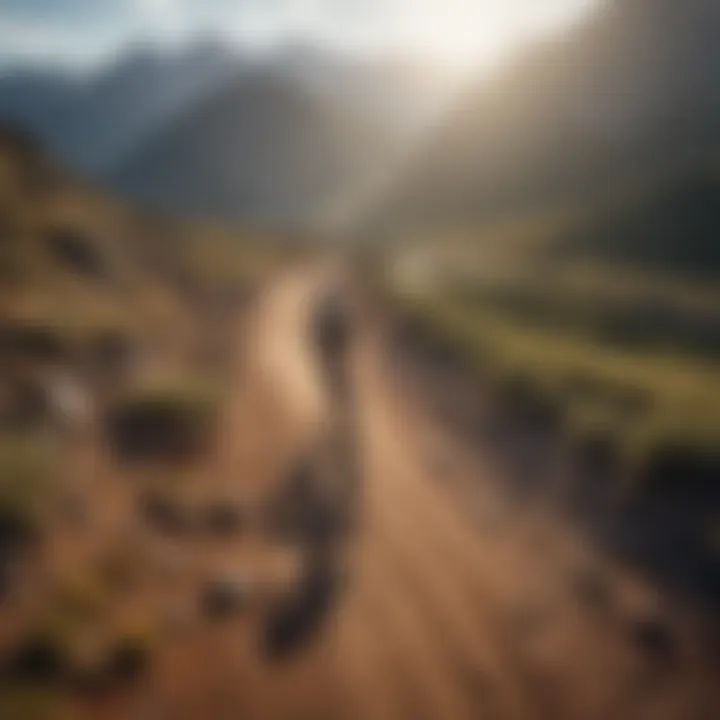 Stunning aerial view of a mountain biker navigating a rugged trail