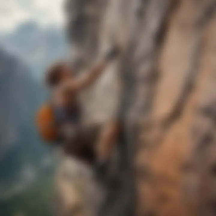 A breathtaking moment of a climber scaling a steep rock face