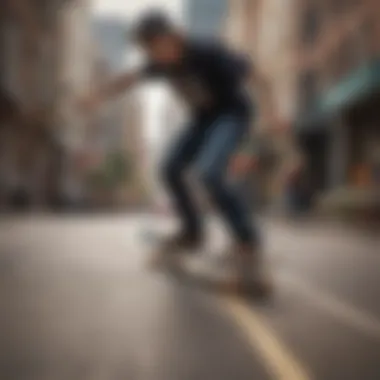 A high-speed shot of a skateboarder performing tricks in an urban setting