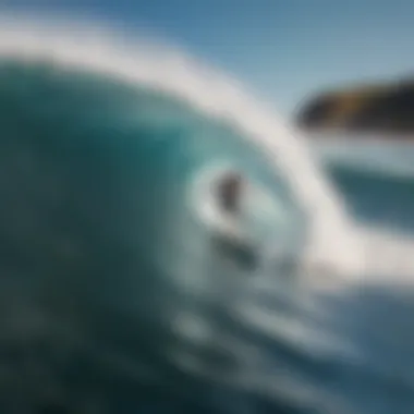 An exhilarating scene of a surfer riding a massive wave