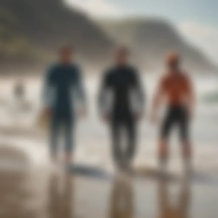 A group of surfers sharing a moment on the beach, highlighting camaraderie