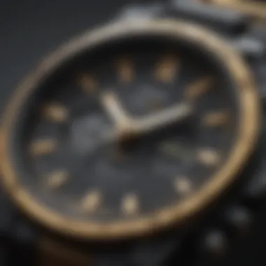 Close-up of the technological features of a G Shock black and gold timepiece