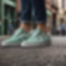 Vibrant display of green and white checkered Vans in an urban setting
