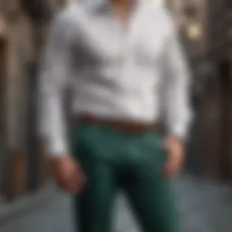 Stylish hunter green pants paired with a casual white shirt
