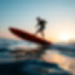 A dynamic view of a hydrofoil surfboard gliding over water.