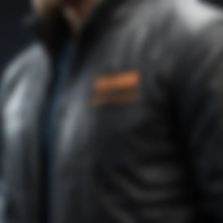 A close-up view of a full zip jacket showcasing its unique fabric texture and detailing.