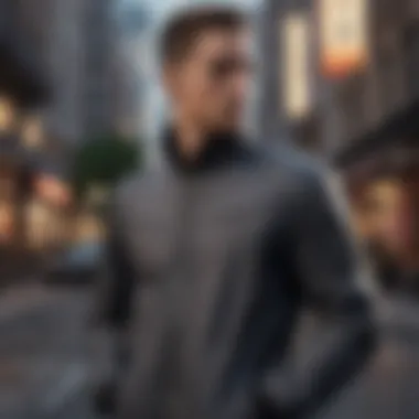 A stylish full zip jacket displayed against a backdrop of urban architecture, highlighting its fashion-forward design.