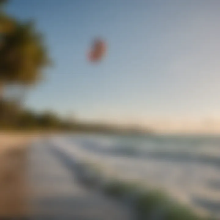 A serene coastline view with kitesurfers in the distance