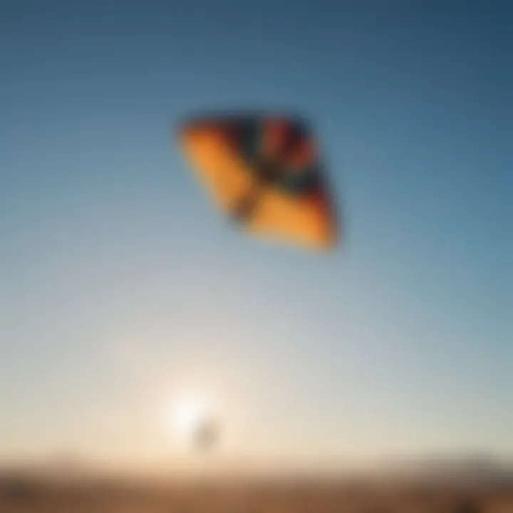 A kite soaring high in a clear blue sky demonstrating performance and stability.