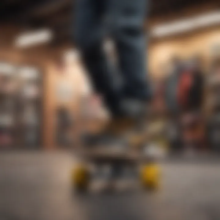 A display of skateboard gear and apparel highlighting local brands.