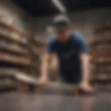 A skateboarder testing a board at a local shop with an attentive shopkeeper.