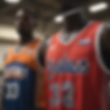 A colorful array of Los Angeles basketball jerseys showcasing diverse designs.