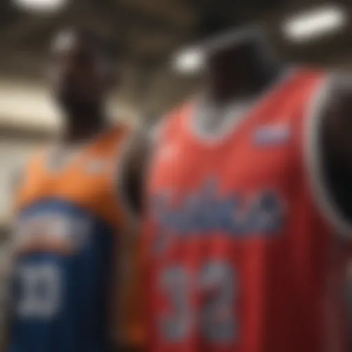 A colorful array of Los Angeles basketball jerseys showcasing diverse designs.