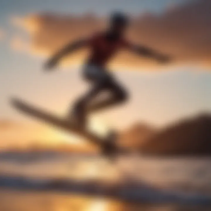 A scenic view of a rider performing tricks with a non-electric foil board against a sunset backdrop.