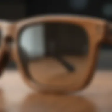 Close-up of Oakley sunglasses highlighting wood grain and design details