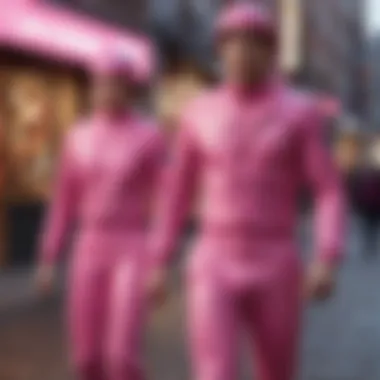 A vibrant street scene featuring individuals confidently wearing pink outfits.