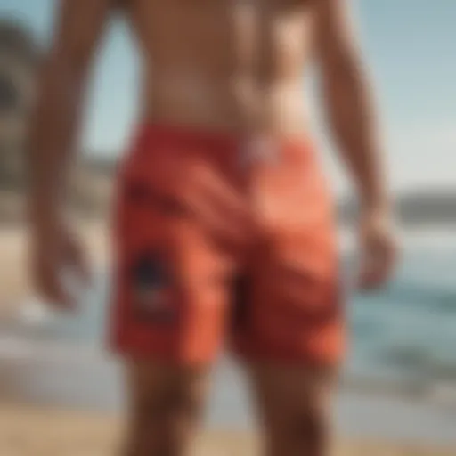 Vibrant Santa Cruz swim trunks displayed against a beach backdrop