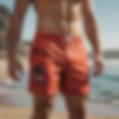 Vibrant Design of Santa Cruz Swim Trunks Vibrant Santa Cruz swim trunks displayed against a beach backdrop