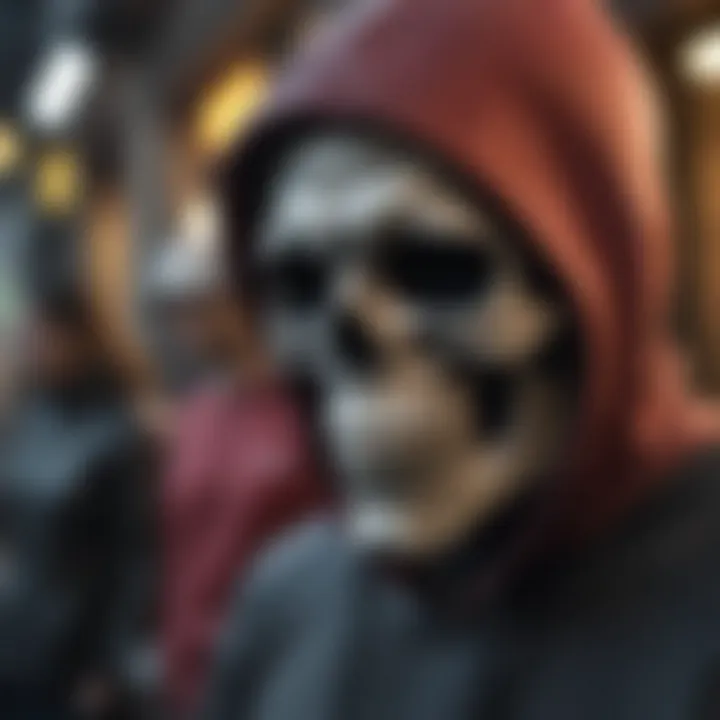 Various styles of skull hoodies displayed in an urban setting