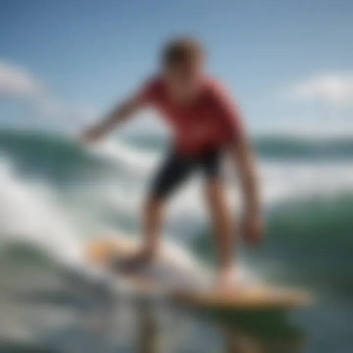 A beginner surfer enjoying a ride on a soft longboard in the ocean