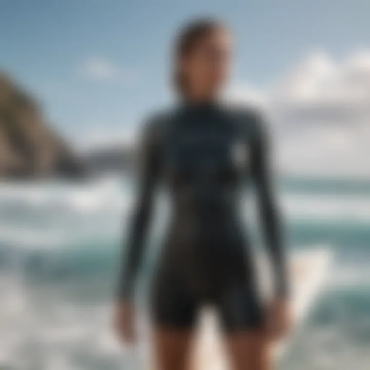 A fashionable surf outfit on a mannequin against an ocean backdrop