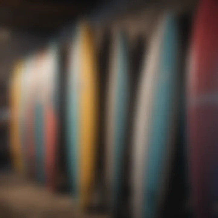 A close-up of surfboards with fashionable surf apparel in the background