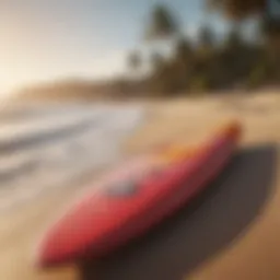 A stylish surfboard displayed against a vibrant beach backdrop, showcasing the essence of surfing lifestyle.