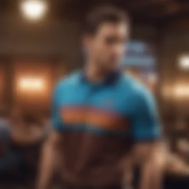 A fashionable individual wearing a vibrant graphic polo shirt at a casual gathering