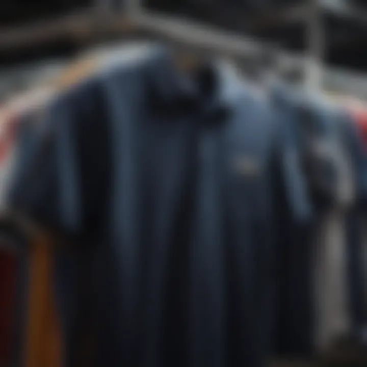 An array of graphic polo shirts displayed on a retail rack