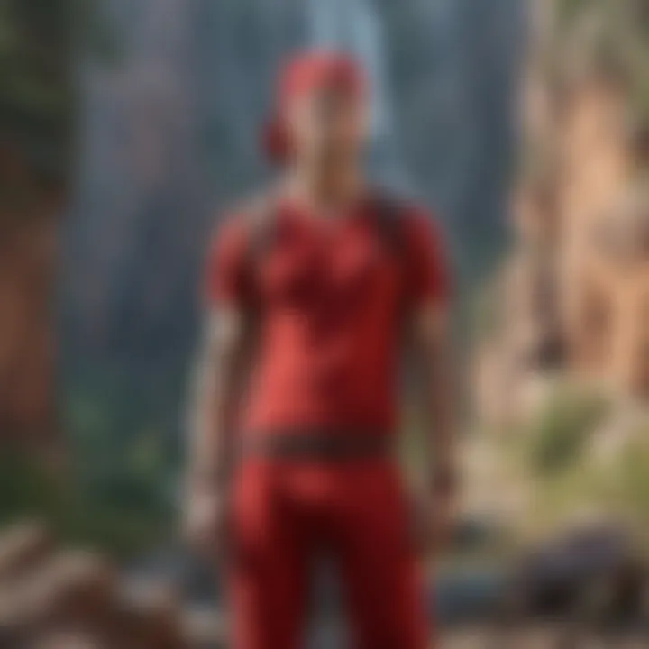 Red bandana sweatpants featured in an outdoor adventure setting