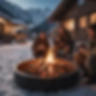 Cozy Après-Ski Scene Cozy après-ski scene with friends enjoying drinks by the fire.