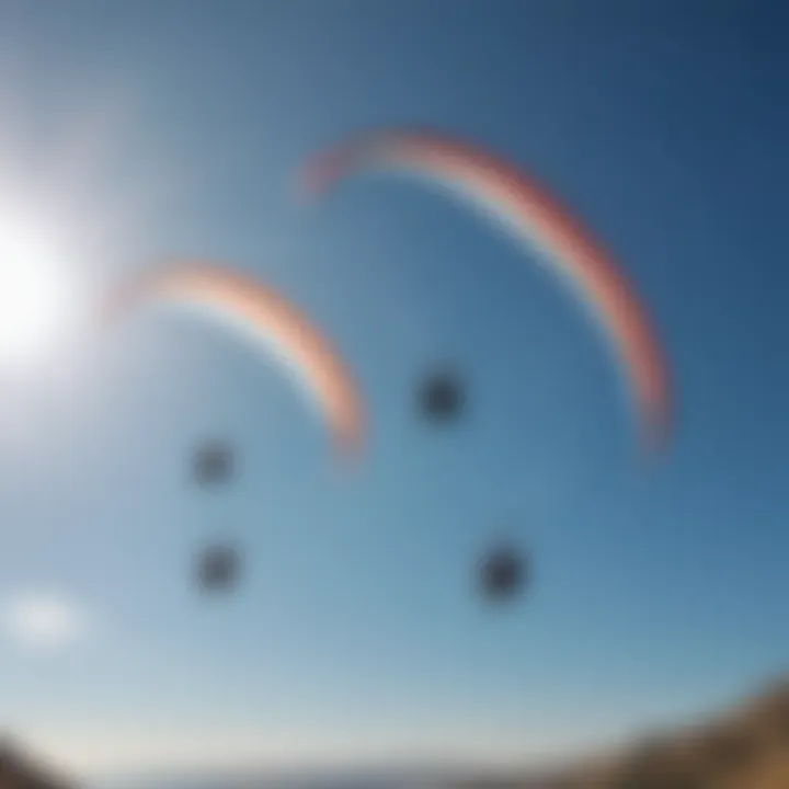 A group of paragliders soaring through a clear blue sky