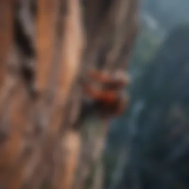 An aerial view of rock climbers ascending a challenging cliff