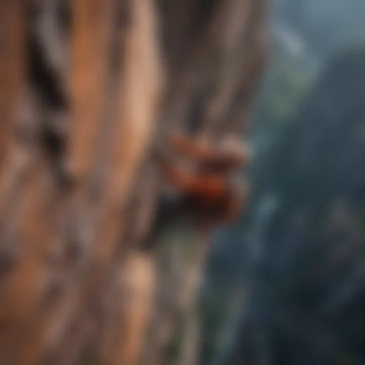 An aerial view of rock climbers ascending a challenging cliff