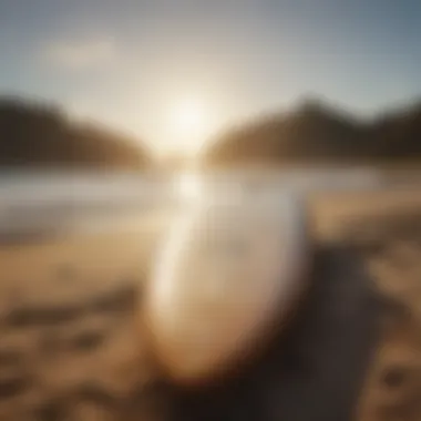 Vintage long surfboards displayed against a scenic beach backdrop