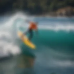 An aerial view of a vibrant RC surfing competition showcasing various remote-controlled surfboards riding the waves.