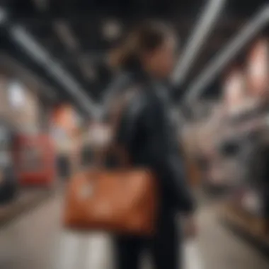 A shopper exploring unique bags, highlighting the joy of discovery in outlet shopping.