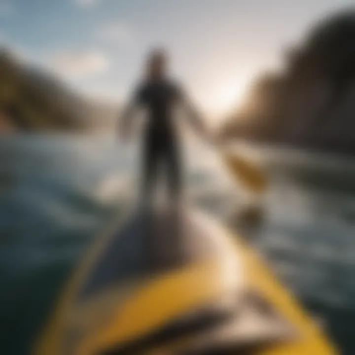 An individual paddling on an iSUP in a scenic setting