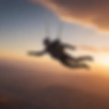 A skydiver gracefully gliding through the sky against a stunning sunset backdrop.