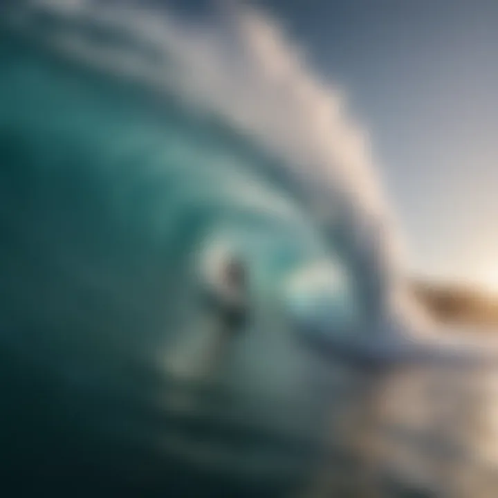 A vivid capture of surfers riding massive waves in crystal-clear waters.