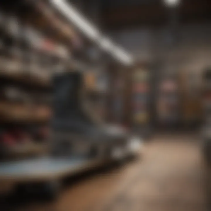 A diverse range of skateboards and gear displayed prominently in a shop