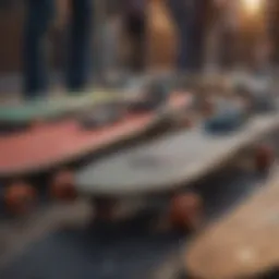 A vibrant array of used skateboards displayed in a community event.
