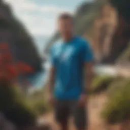 A vibrant Ripcurl surf shirt on a cliffside, contrasting against the ocean backdrop.