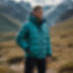 A fashionable teal puffer jacket showcased in a mountain setting