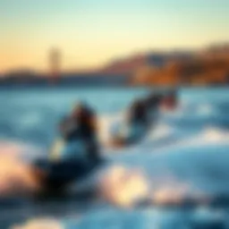 A scenic view of San Francisco's coastline with jet skis in action