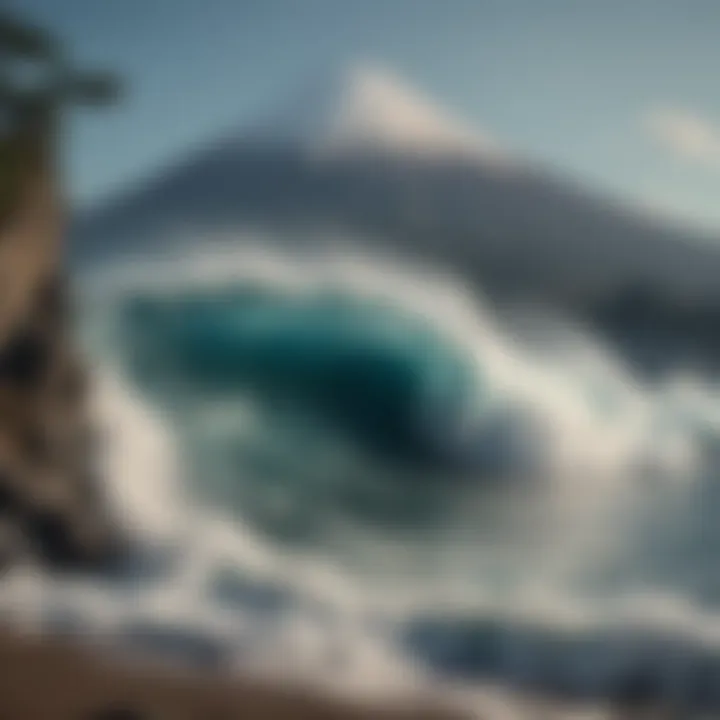 The contrast between the towering wave and the distant Mount Fuji