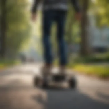 A scenic view of a rider navigating through a park on a large wheeled skateboard.