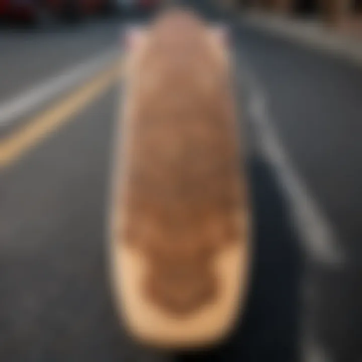 Close-up of a longboard deck showcasing intricate designs and craftsmanship