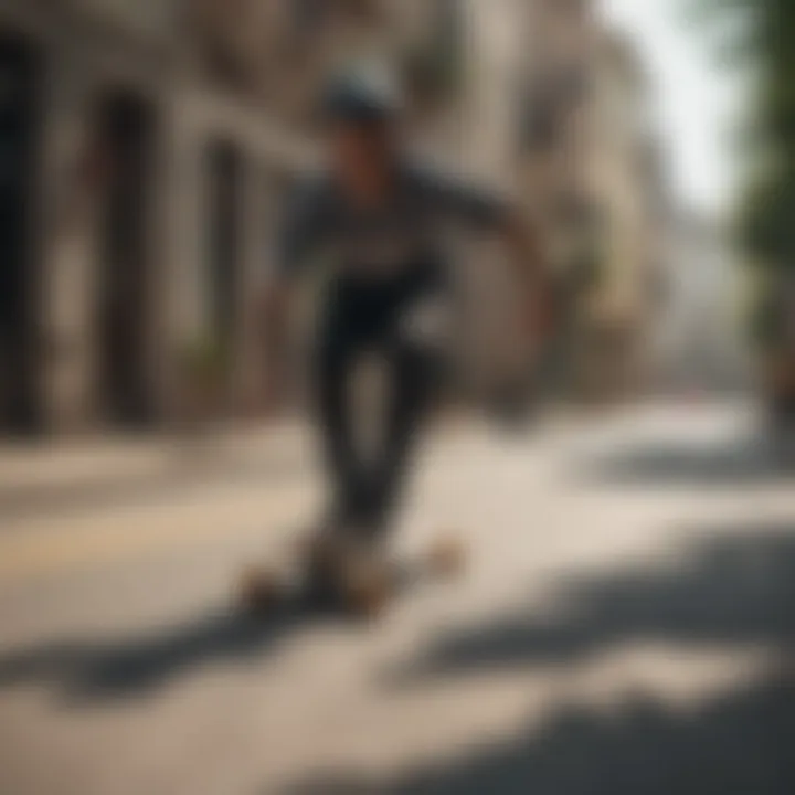 Rider performing tricks on a 42 inch longboard on a scenic street